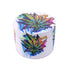 White 4-piece aluminum herb grinder with purple smoke splash artwork and cannabis leaf, lid view