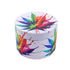 White 4-piece aluminum herb grinder with rainbow drip splash artwork and cannabis leaf, lid view