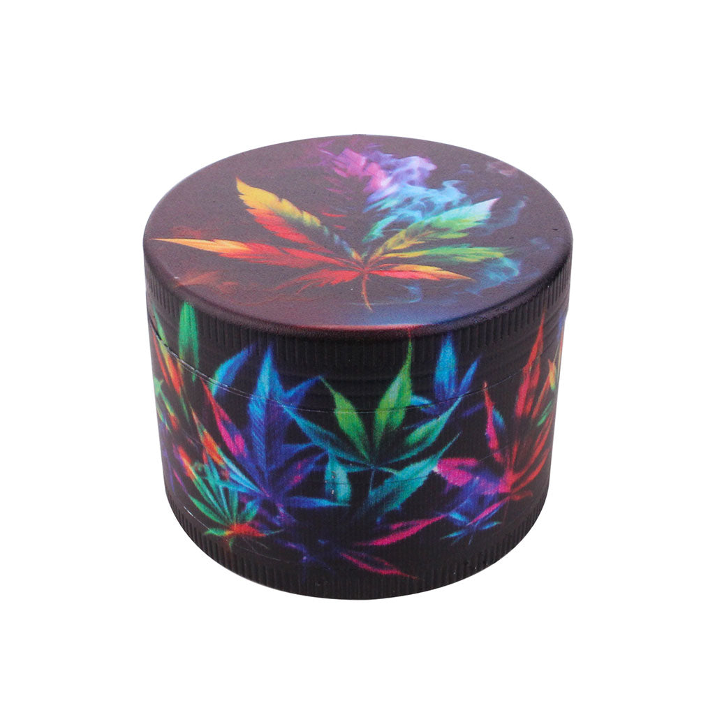 Top lid view of Splash Artwork Herbal Leaf 4-piece Aluminum Grinder with rainbow flower design at Honeybee Herb