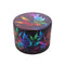 Top lid view of Splash Artwork Herbal Leaf 4-piece Aluminum Grinder with rainbow flower design at Honeybee Herb