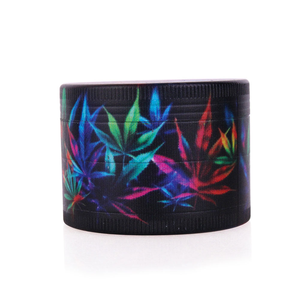 Rainbow flower Splash Artwork Herbal Leaf 4-Piece Grinder side view on black body