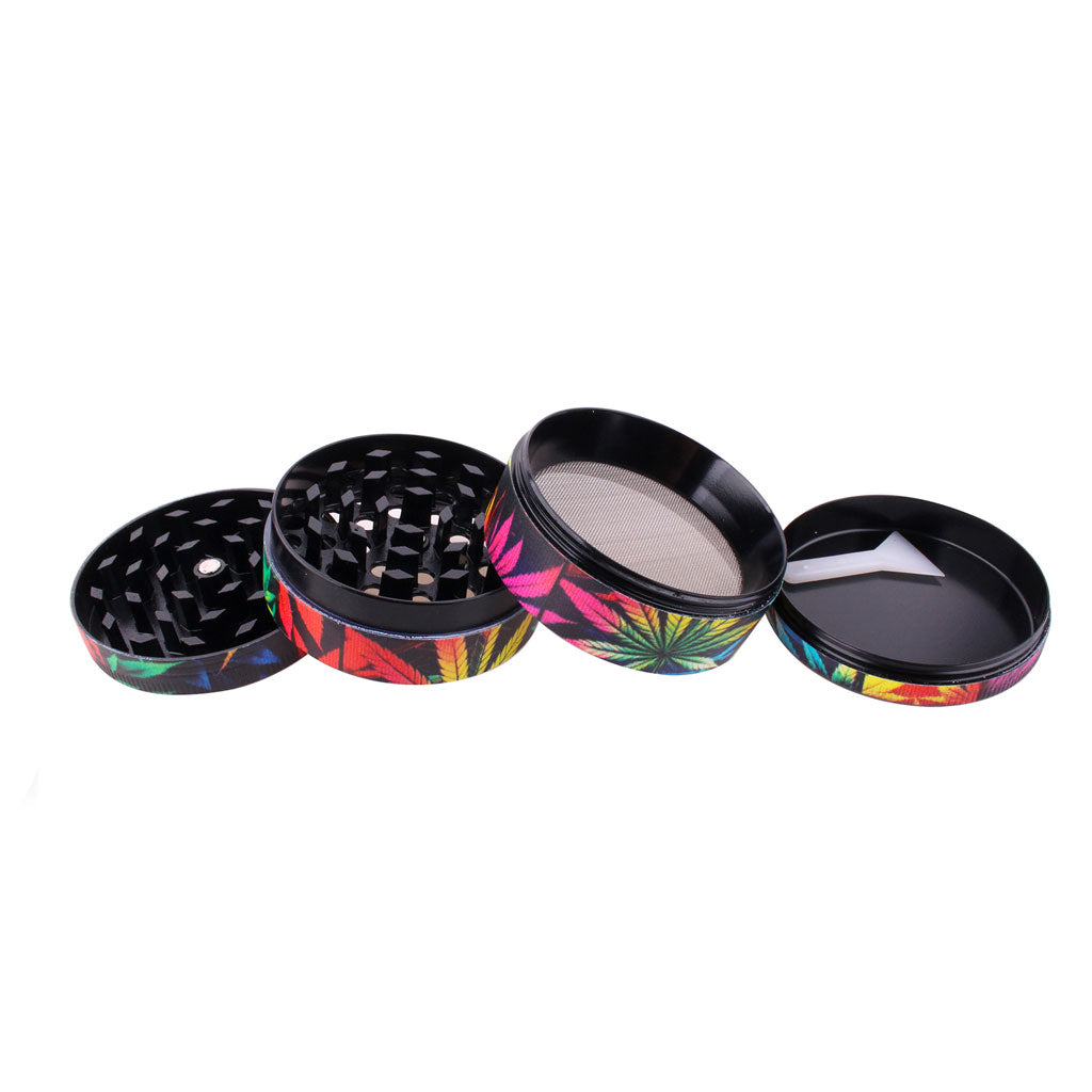 4-piece splash artwork jungle fever aluminum herb grinder to show sharp teeth, mesh pollen screen, tray, and scraper
