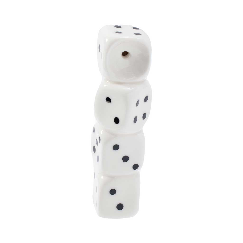 Shop stacked dice ceramic hand pipe, standing view with top bowl and mouthpiece—add to cart for quick delivery.