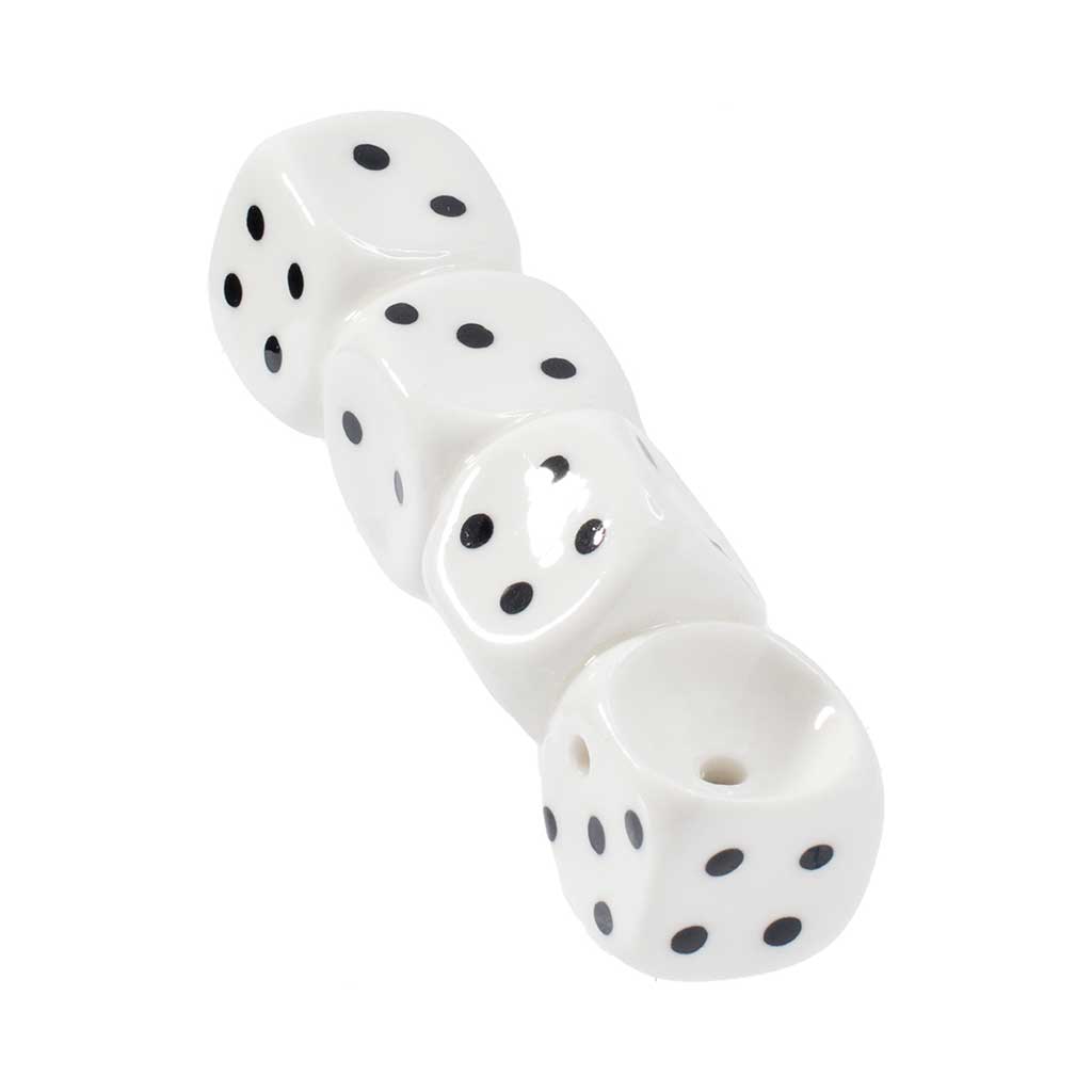 Buy stacked dice ceramic hand pipe, angled view showing deep bowl and carb—order online at Honeybee Herb.