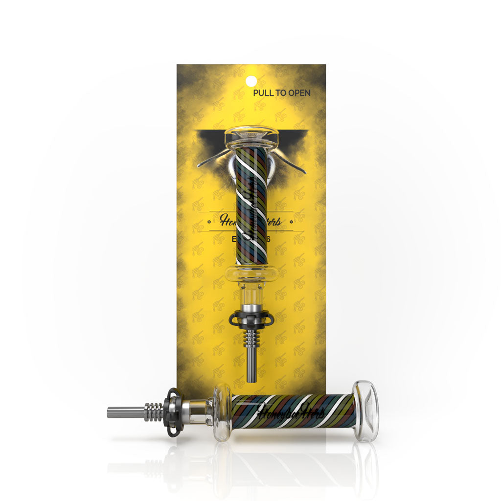 Steel Tip Black Candy Stripped Glass Nectar Collector With Keck Clips On A Round Thick Glass Base Yellow Packaging