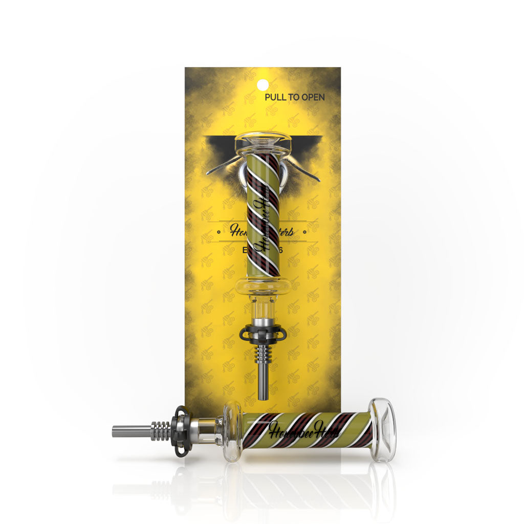 Steel Tip Yellow Candy Stripped Glass Nectar Collector With Keck Clips On A Round Thick Glass Base