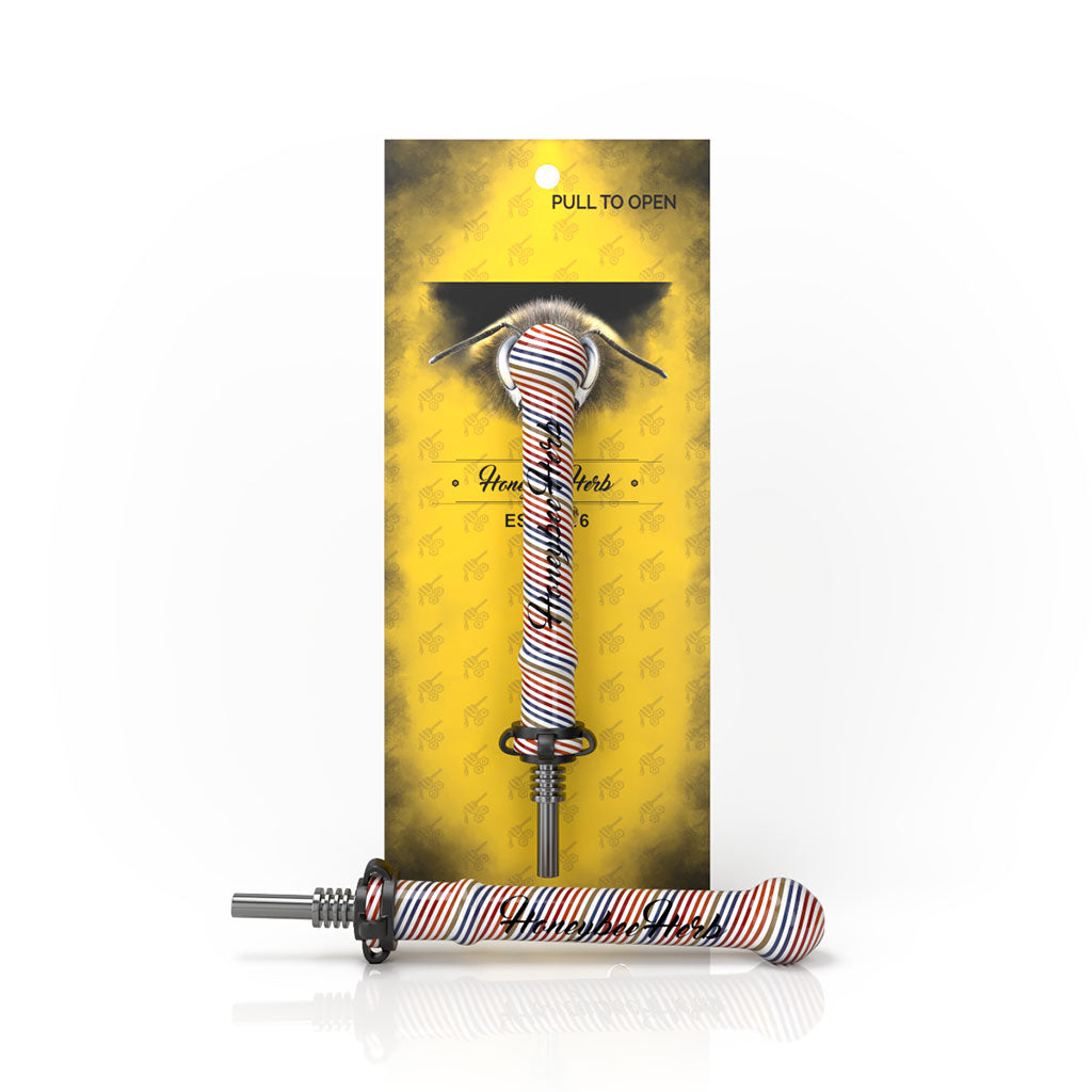 Steel Tip On Red-Blue Twist Design Glass Candy Pop Nectar Collector With Keck Clips Yellow Packaging View