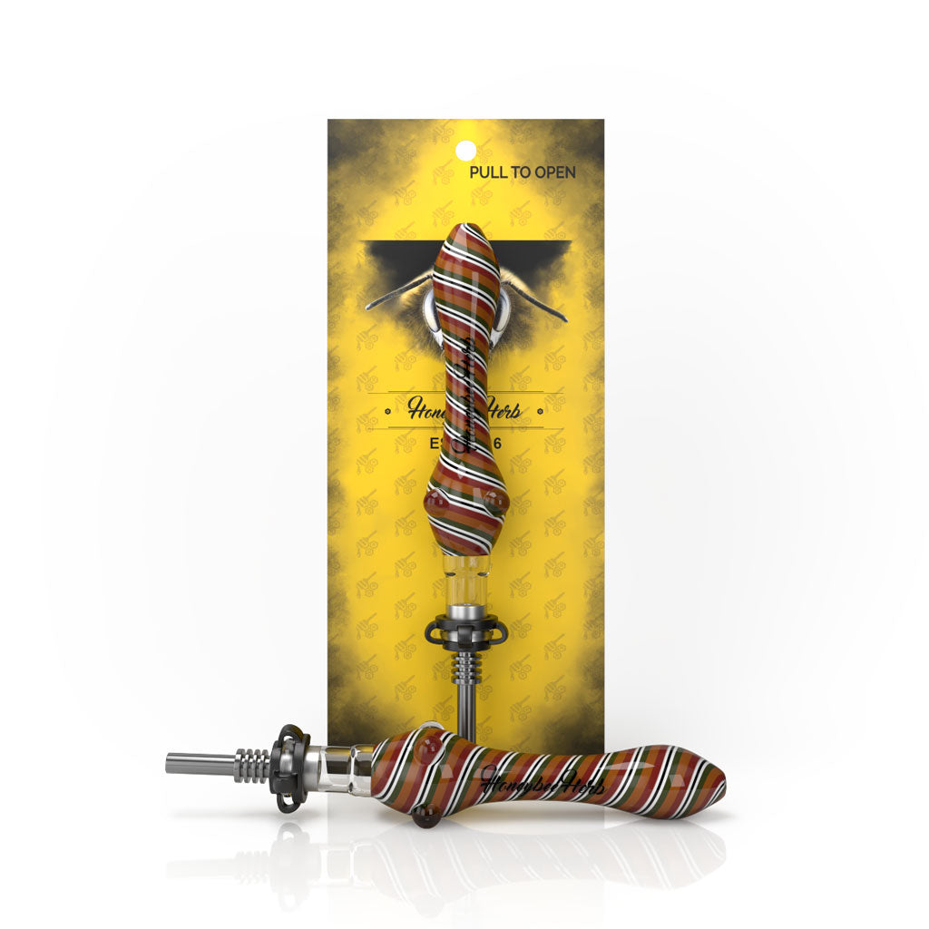 Steel Tip Red-Orange Whirl Stripped on Glass Nectar Collector with Keck Clips In The Yellow Packaging 