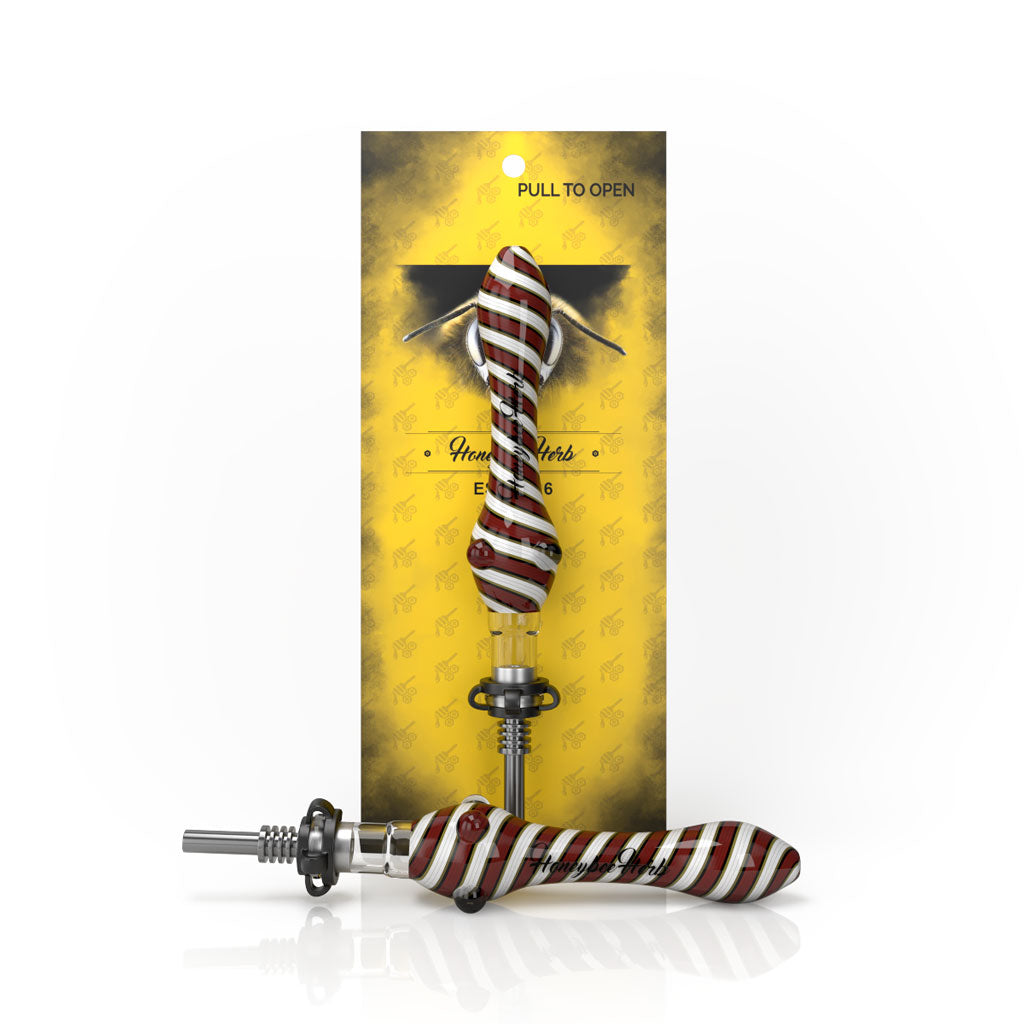 Steel Tip Red-White Whirl Stripped on Glass Nectar Collector with Keck Clips In The Yellow Packaging 