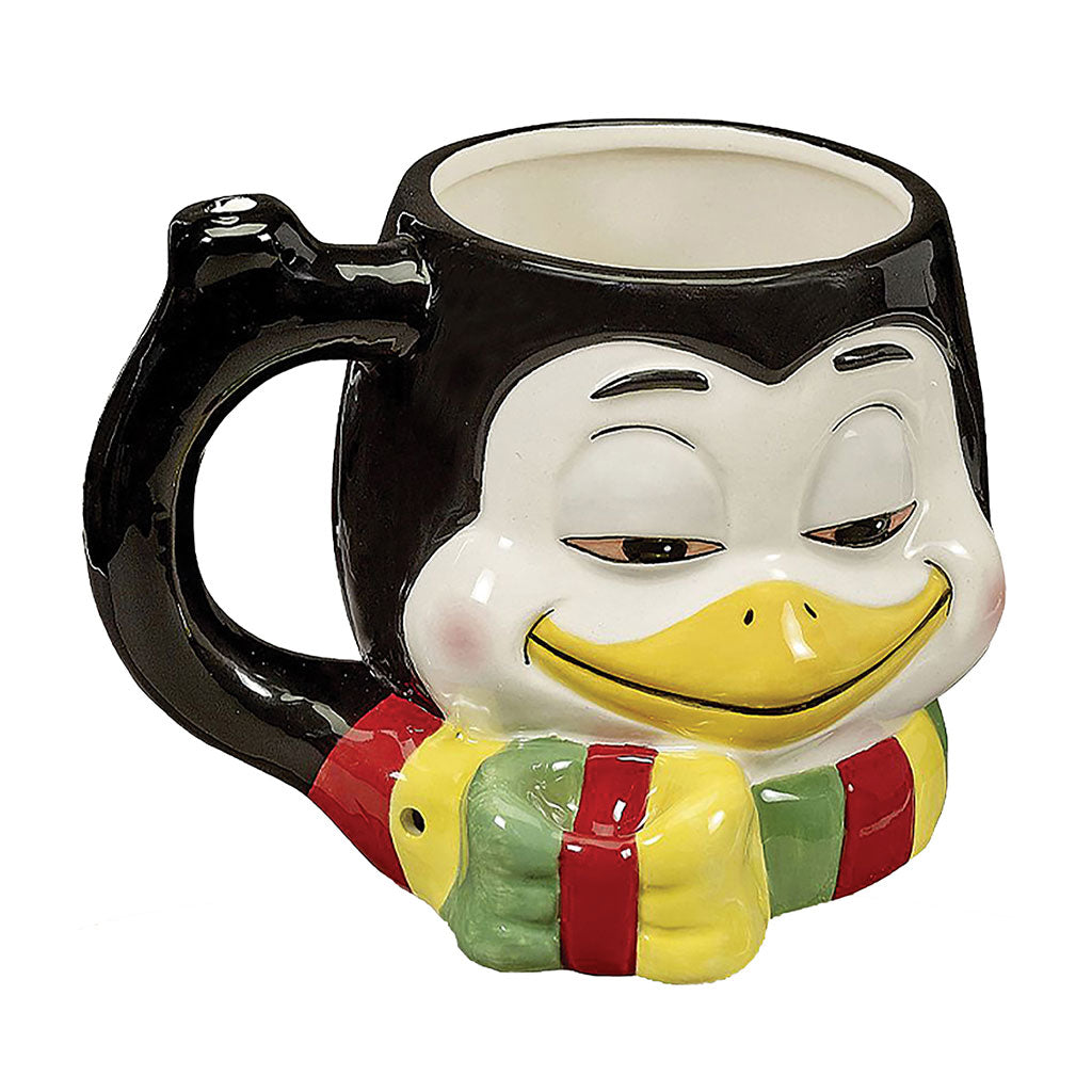 Stoned Penguin Premium Roast and Toast pipe mug with glossy black and white penguin face, yellow beak, colorful scarf, handle, and built-in bowl
