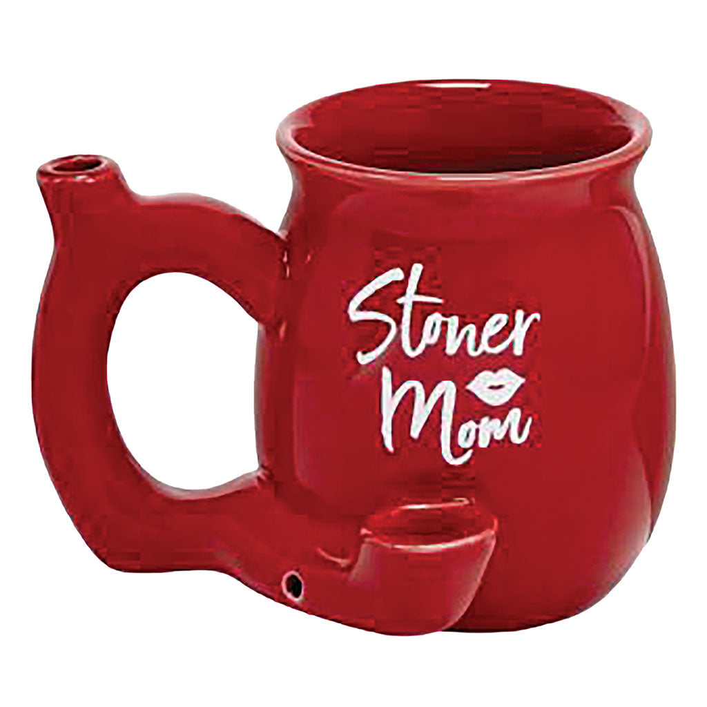 Stoner Mom Red Chubby Roast and Toast pipe mug with red ceramic body, Stoner Mom text, curved handle, and built-in front bowl