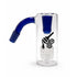 Straight Can Matrix Perc Ash Catcher with 14mm male joint 45°, clear glass body, blue accent downstem and matrix perc.