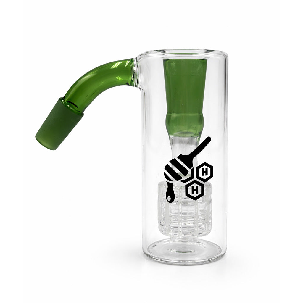 Straight Can Matrix Perc Ash Catcher with 14mm male joint 45°, clear glass body, green accent downstem and matrix perc.