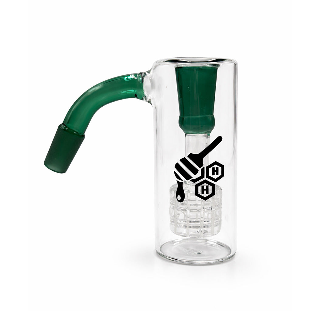 Straight Can Matrix Perc Ash Catcher with 14mm male joint 45°, clear glass body, lake-green accent downstem and matrix perc.