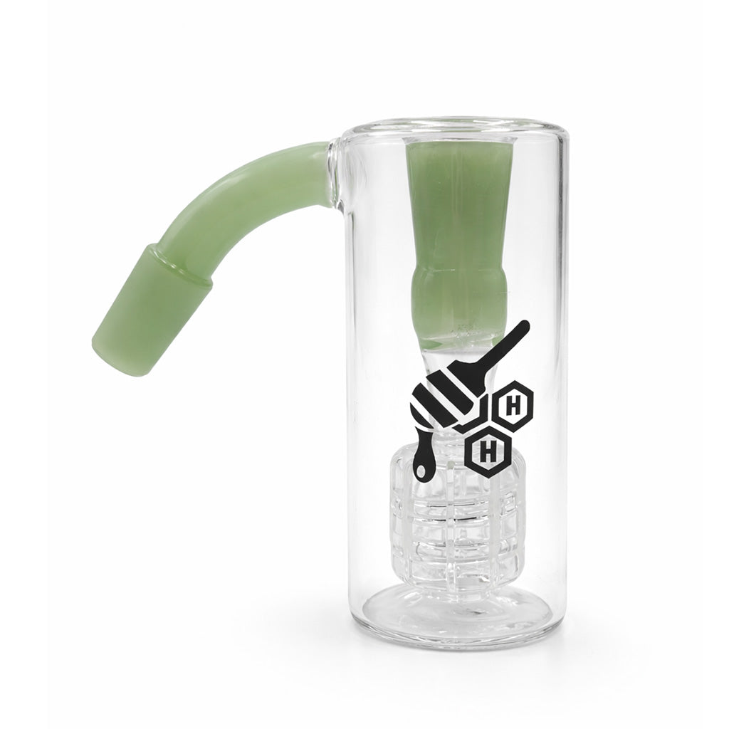Straight Can Matrix Perc Ash Catcher with 14mm male joint 45°, clear glass body, milk-green accent downstem and matrix perc.