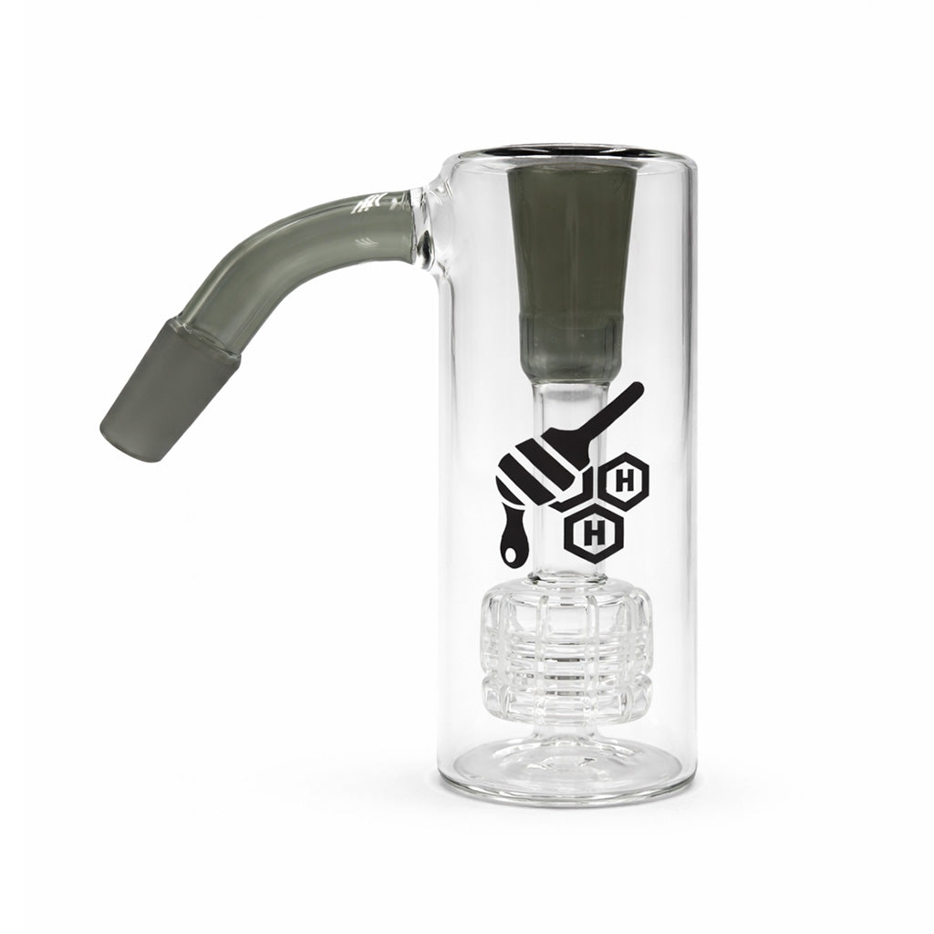 Straight Can Matrix Perc Ash Catcher with 14mm male joint 45°, clear glass body, smoke accent downstem and matrix perc.