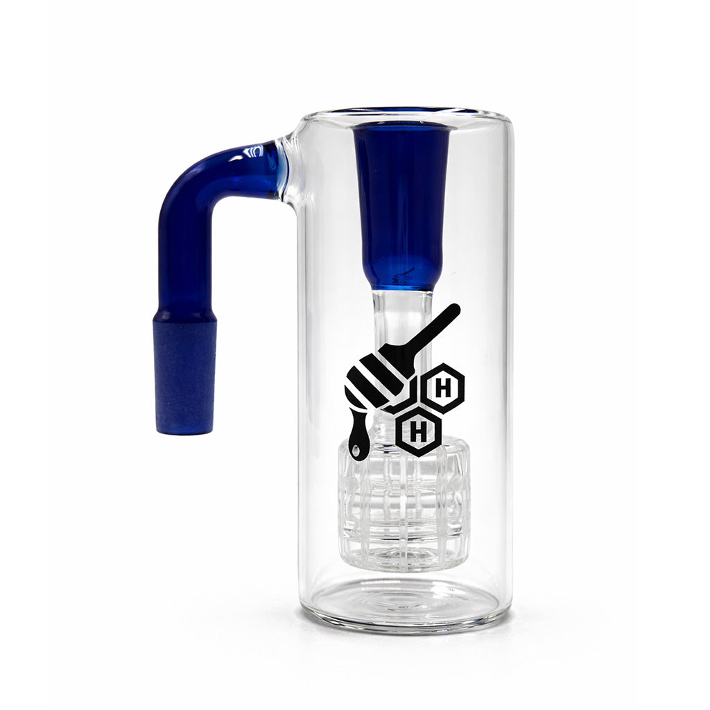 Straight Can Matrix Perc Ash Catcher with 14mm male joint 90°, clear glass body, blue accent downstem and matrix perc.