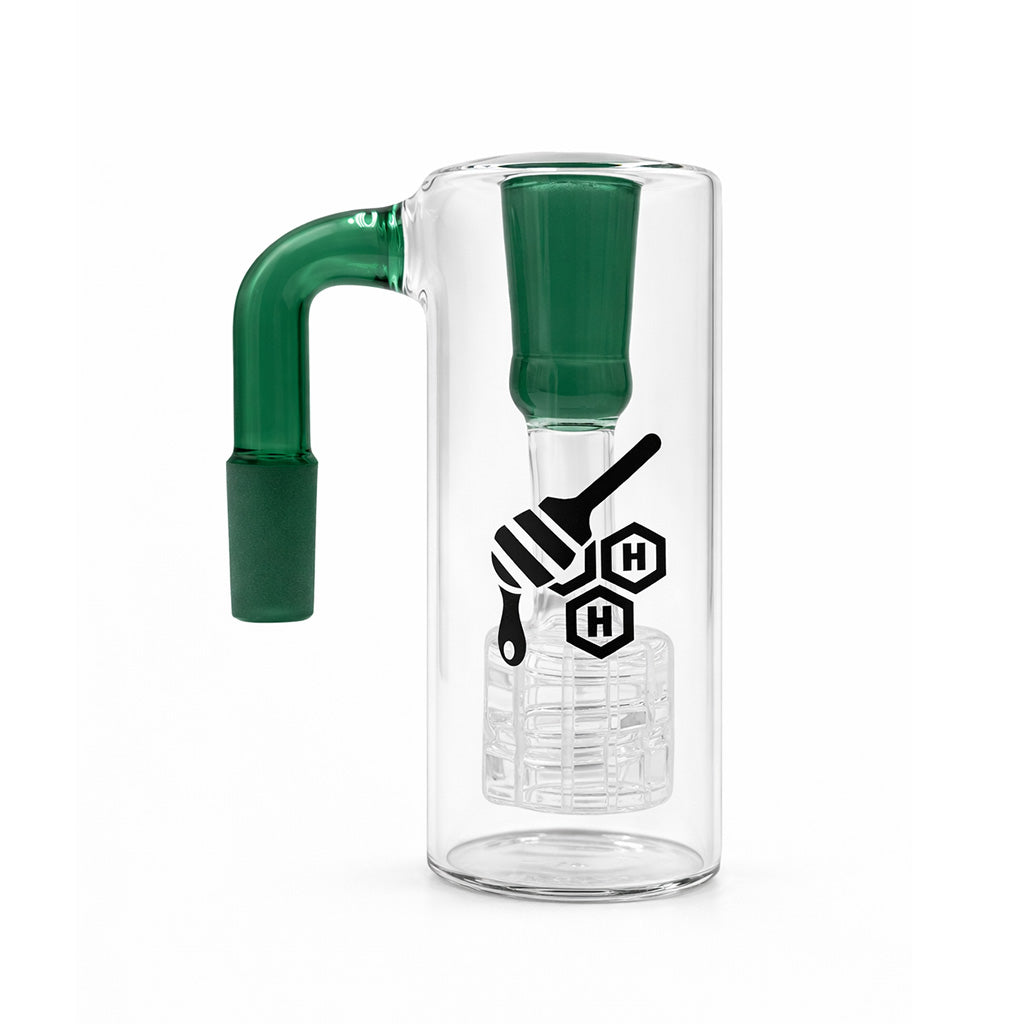 Straight Can Matrix Perc Ash Catcher with 14mm male joint 90°, clear glass body, lake-green accent downstem and matrix perc.