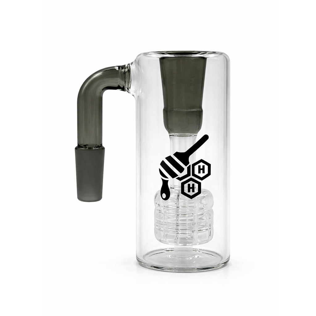 Straight Can Matrix Perc Ash Catcher with 14mm male joint 90°, clear glass body, smoke accent downstem and matrix perc.