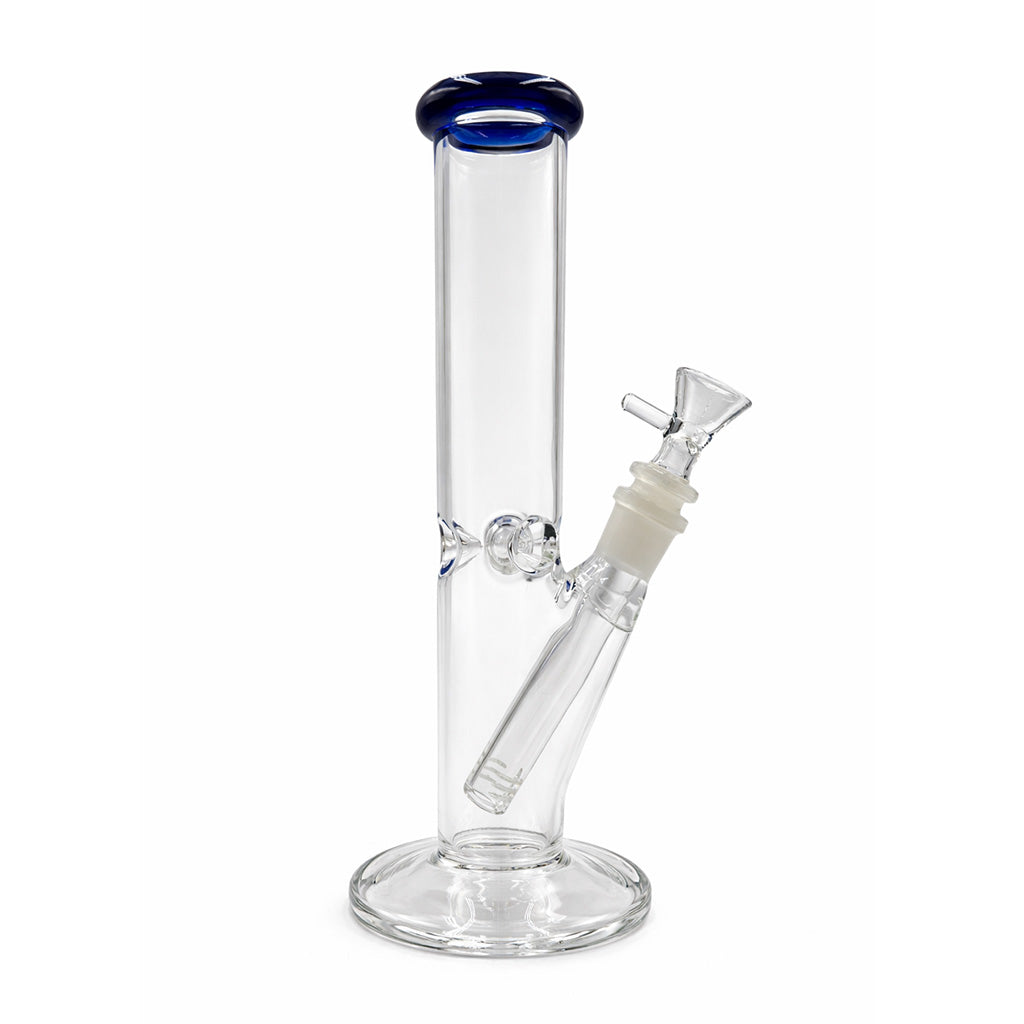 Buy blue straight tube bong with ice catcher and round base, includes downstem