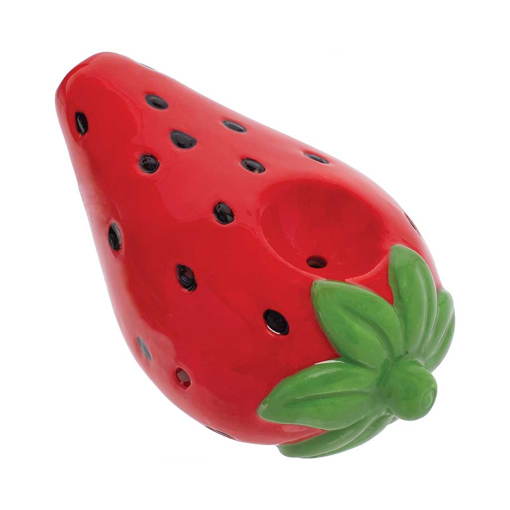 Angled view of Wacky Bowlz strawberry ceramic smoking pipe