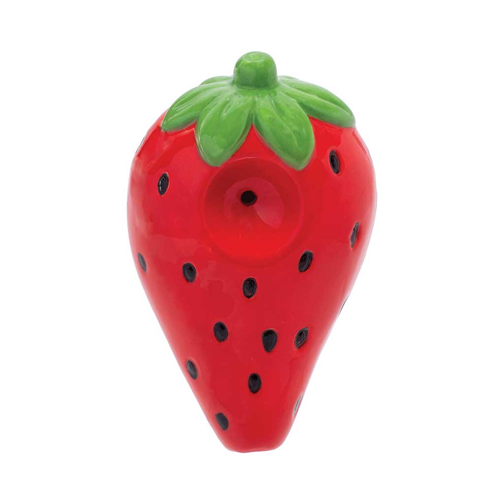 Front view of ceramic strawberry pipe – Wacky Bowlz design 