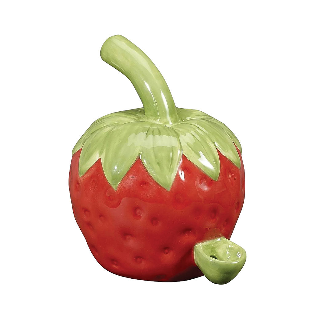 Strawberry hand pipe with red glossy body, white seed dots, green leaf stem, side bowl, carb hole, and fruit-shaped ceramic finish