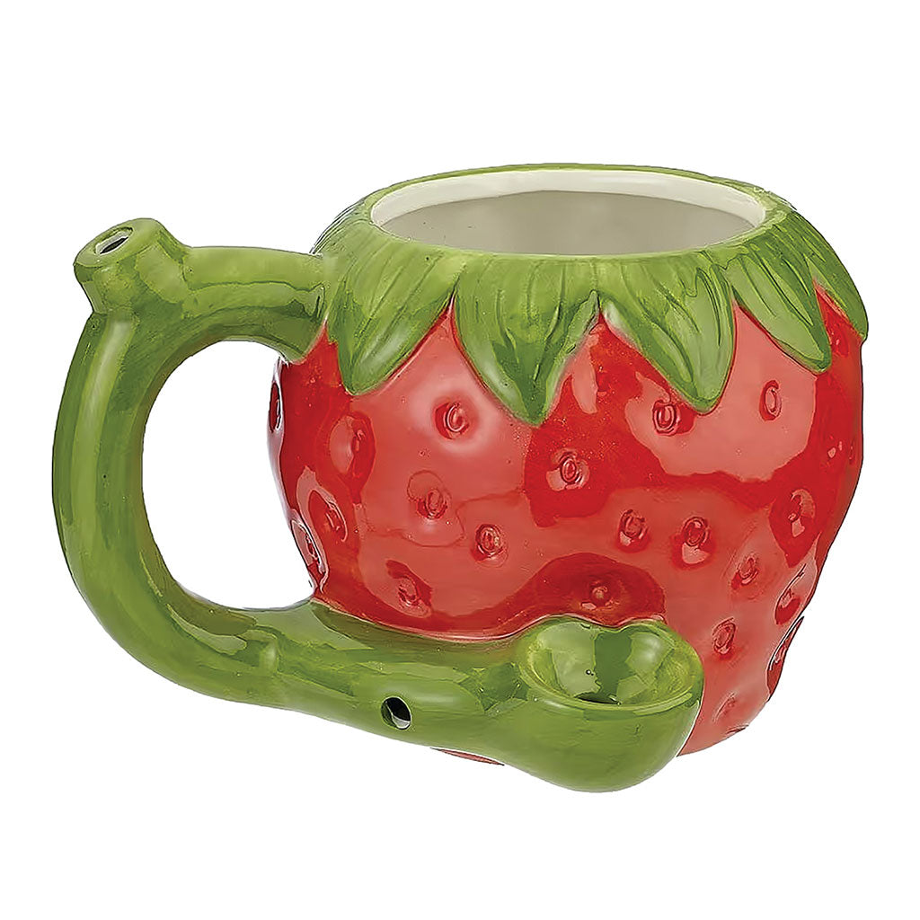 Strawberry Premium Roast and Toast pipe mug with red strawberry body, white seed detail, green leaf top, curved handle, and front bowl