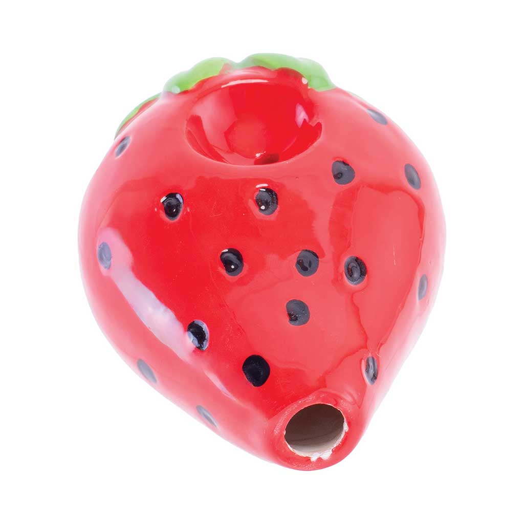 Mouthpiece view of Wacky Bowlz strawberry ceramic smoking pipe 