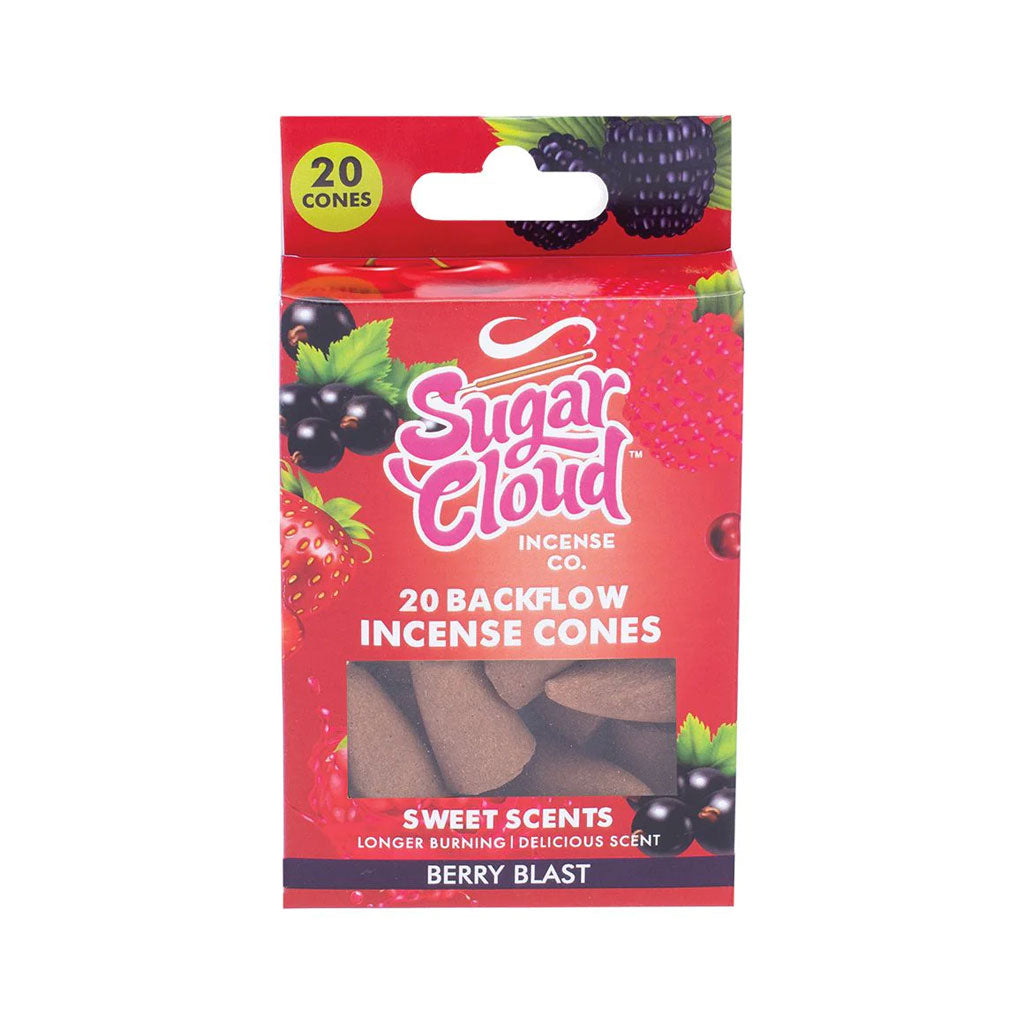 Buy Sugar Cloud Berry Blast backflow incense cones 20 pack with fruity sweet aroma for lasting odor elimination.