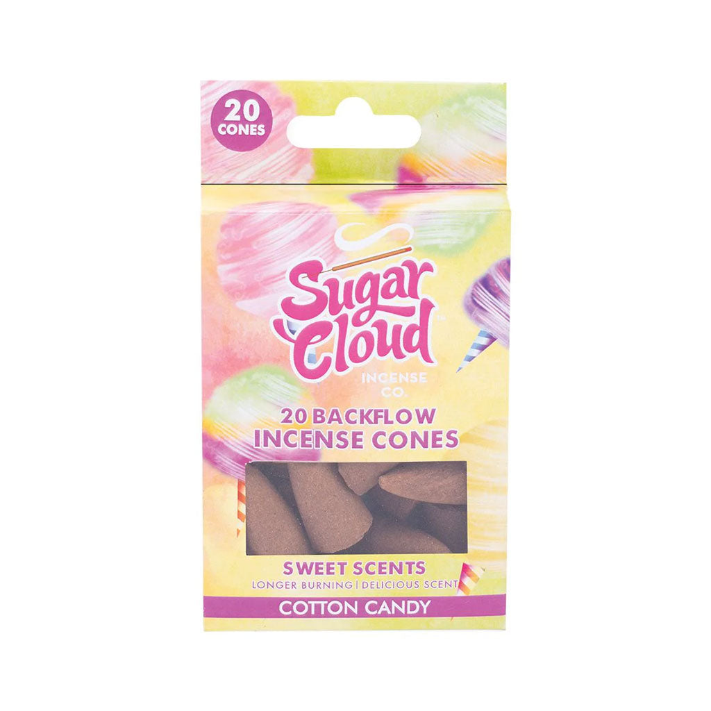 Sugar Cloud Cotton Candy backflow incense cones 20 pack with sweet candy aroma, perfect for eliminating odors.