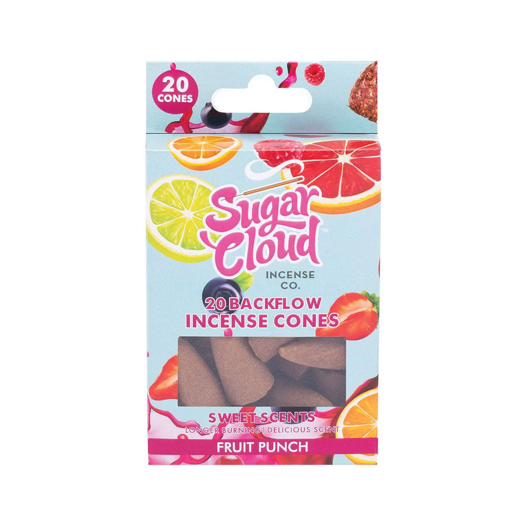 Purchase Sugar Cloud Fruit Punch backflow incense cones 20 pack for delicious tropical fragrance and lasting freshness.
