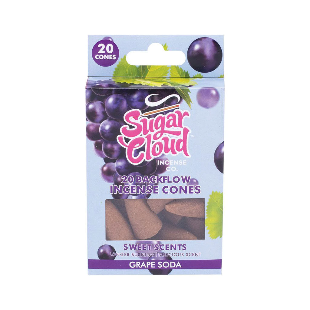Buy Sugar Cloud Grape Soda backflow incense cones 20 count with sweet grape fragrance and odor eliminator effect.