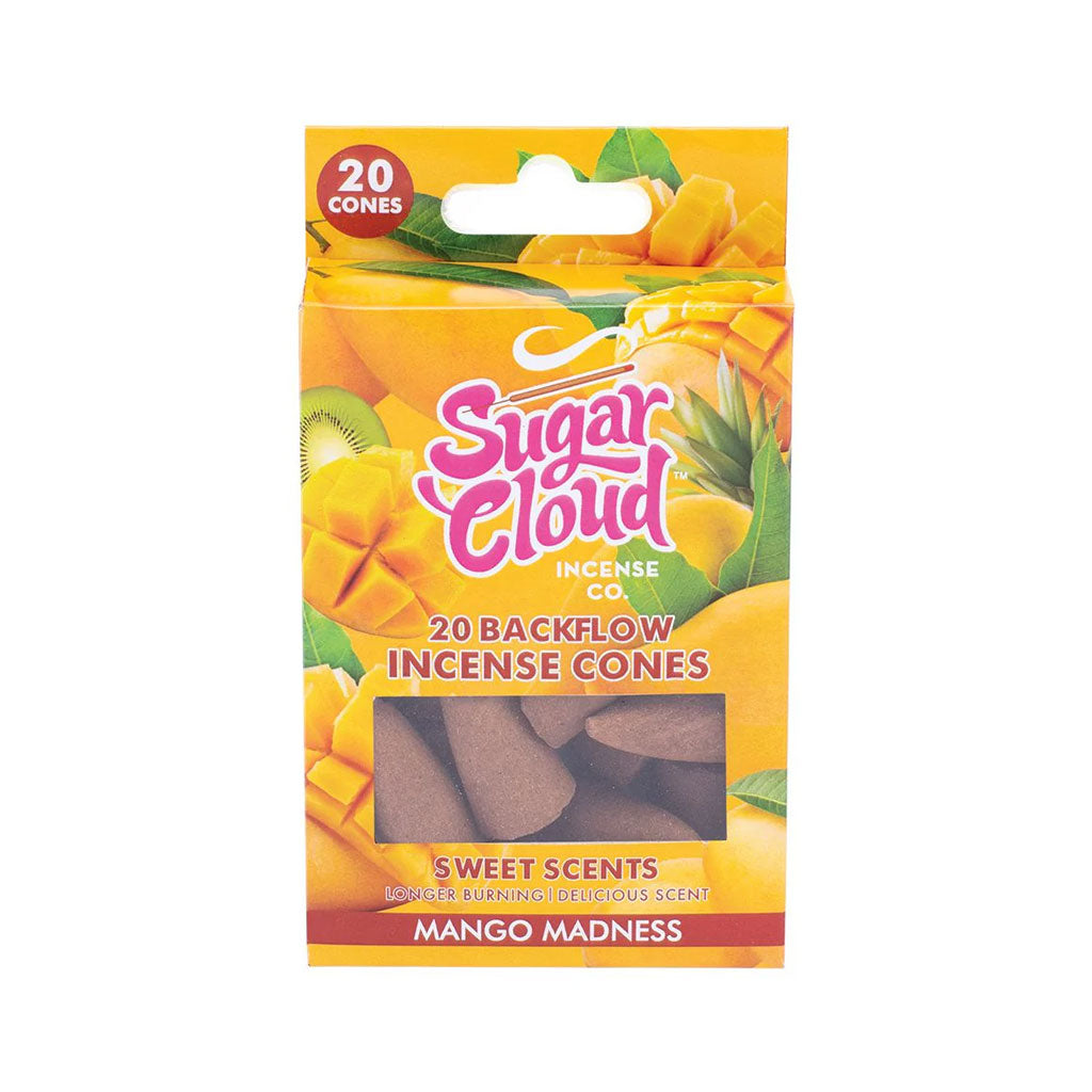 Shop Sugar Cloud Mango Madness backflow incense cones 20 count with exotic fruity aroma online at Honeybee Herb.
