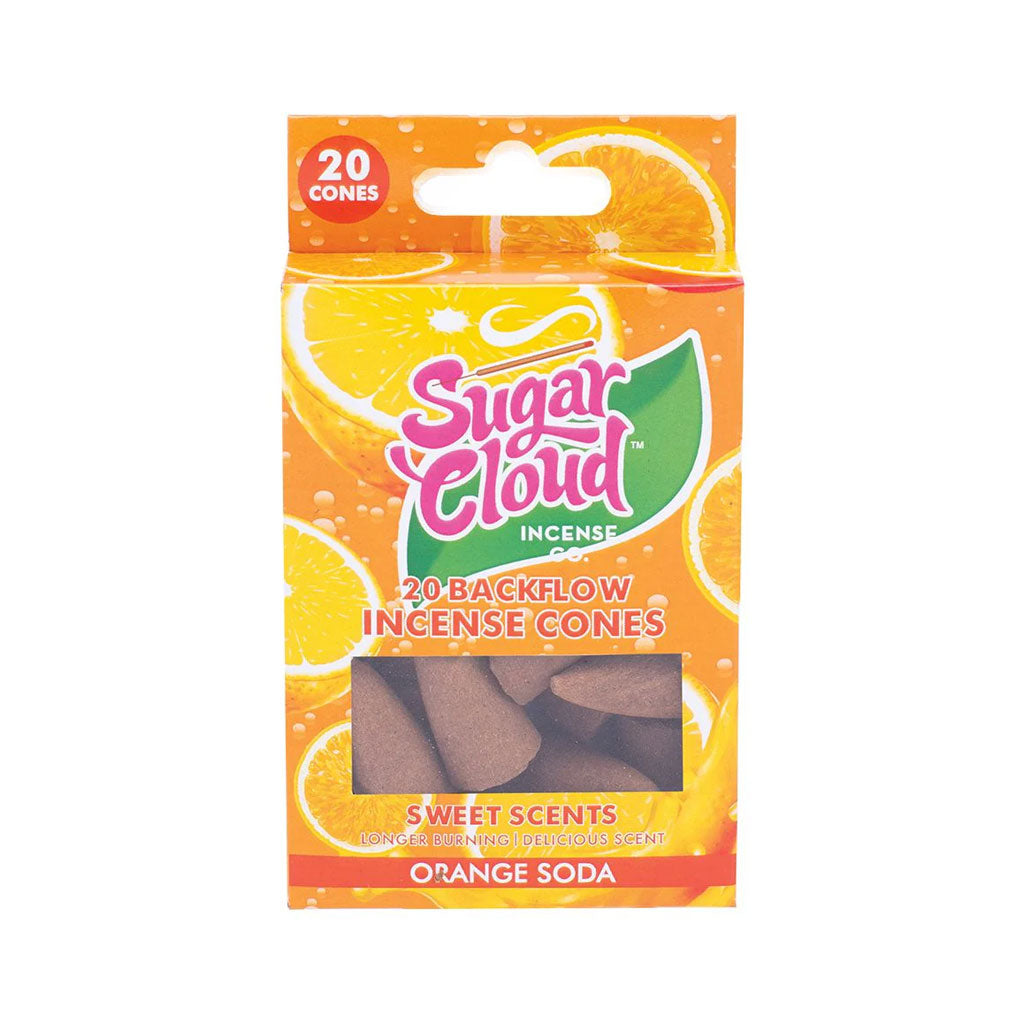 Sugar Cloud Orange Soda backflow incense cones 20 pack with sweet citrus scent for odor control and aroma therapy.