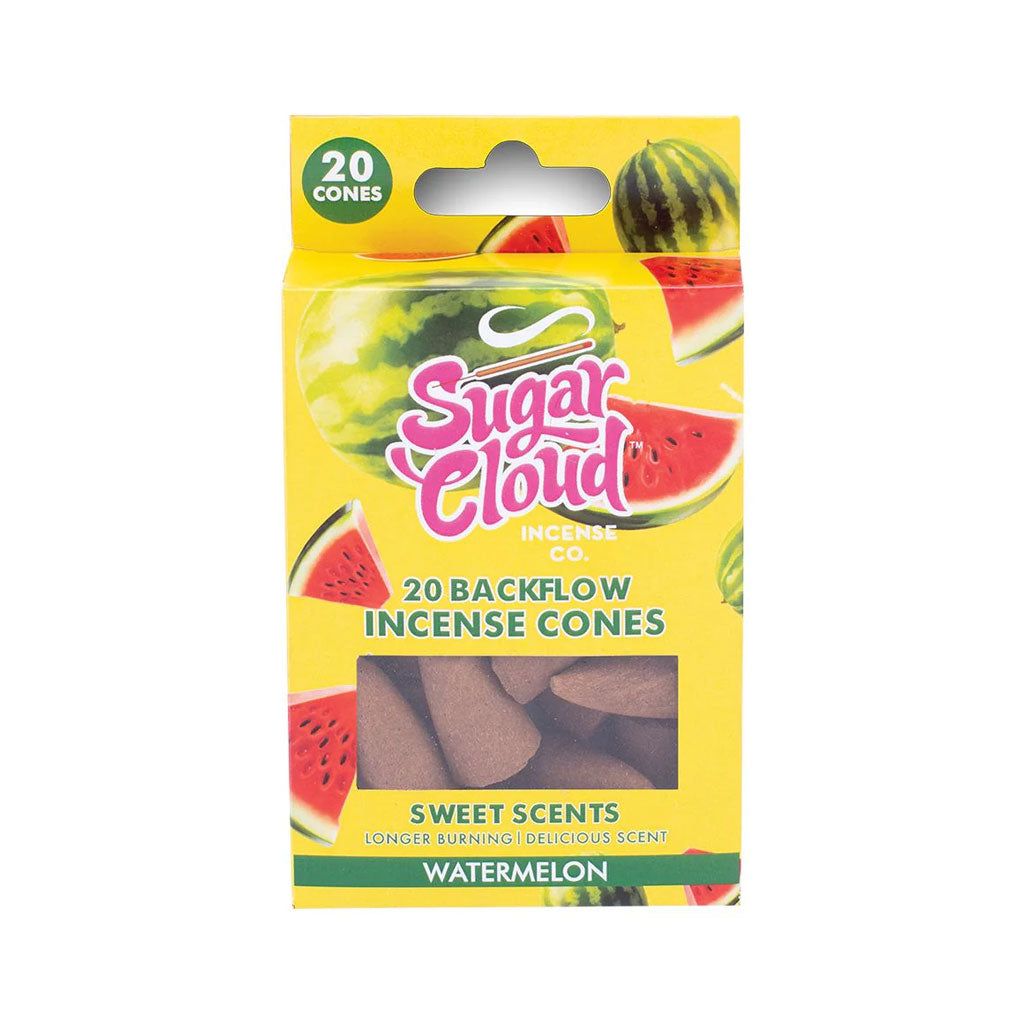 Shop Sugar Cloud Watermelon backflow incense cones 20 count with fruity aroma and odor eliminating scent at Honeybee Herb.