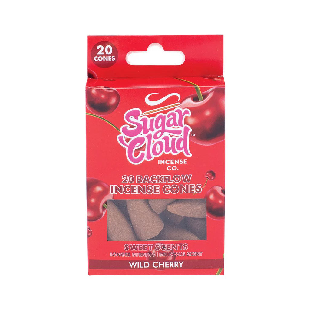 Buy Sugar Cloud Wild Cherry backflow incense cones 20 pack with long-lasting sweet cherry fragrance online at Honeybee Herb.