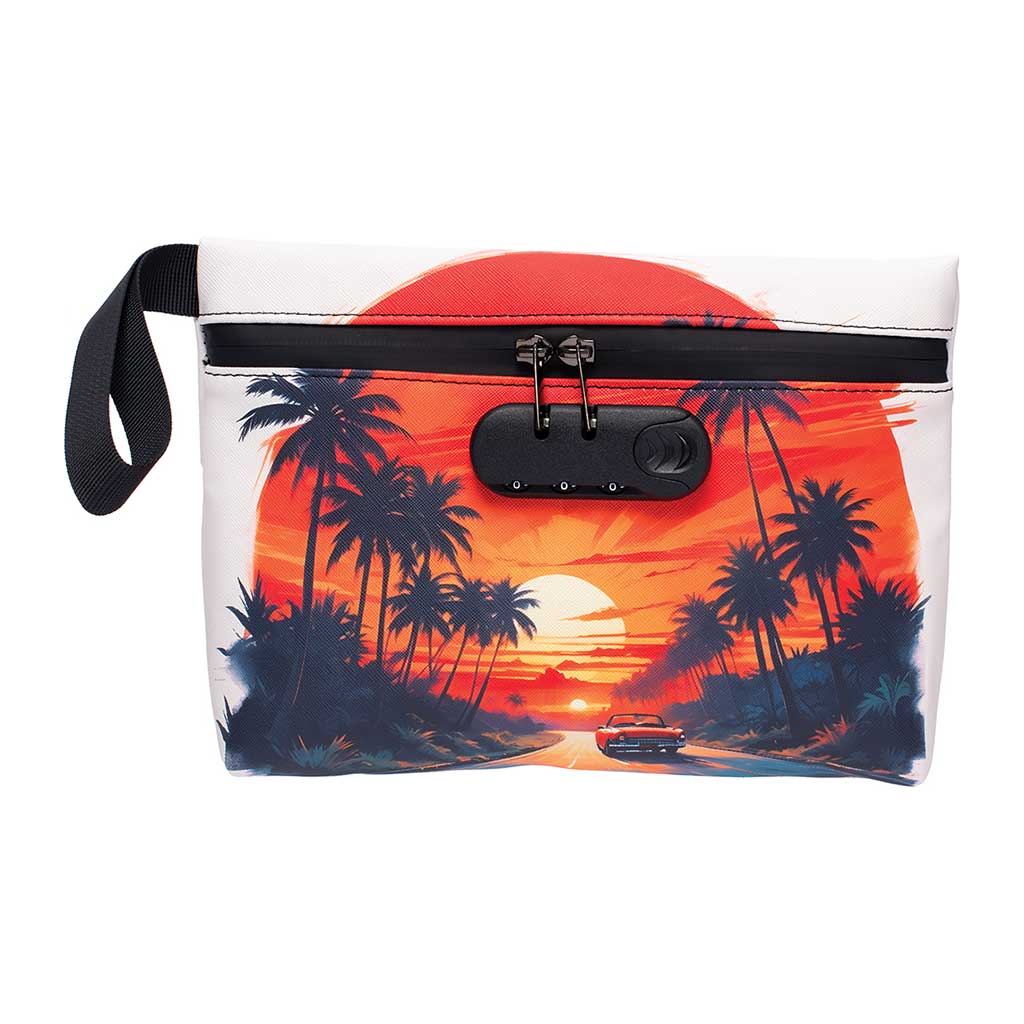  Front view of 11x7.5 Sunset Drive smellproof bag with lock – odor-proof storage pouch from Honeybee Herb.