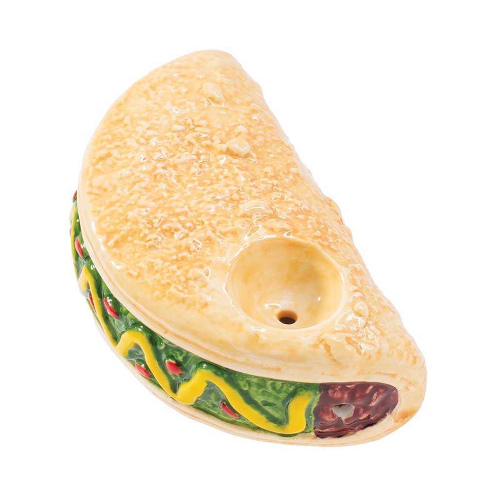 Shop taco ceramic hand pipe, angled view showing carb hole—add to cart for fast shipping from Honeybee Herb.