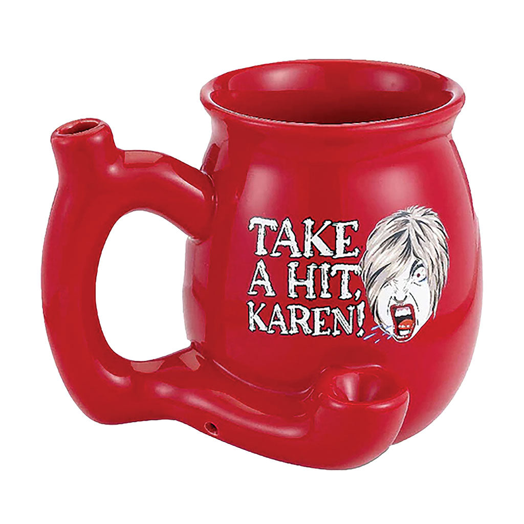 Take A Hit Karen Red Chubby Roast and Toast pipe mug with red ceramic body, bold text design, curved handle, and built-in front bowl