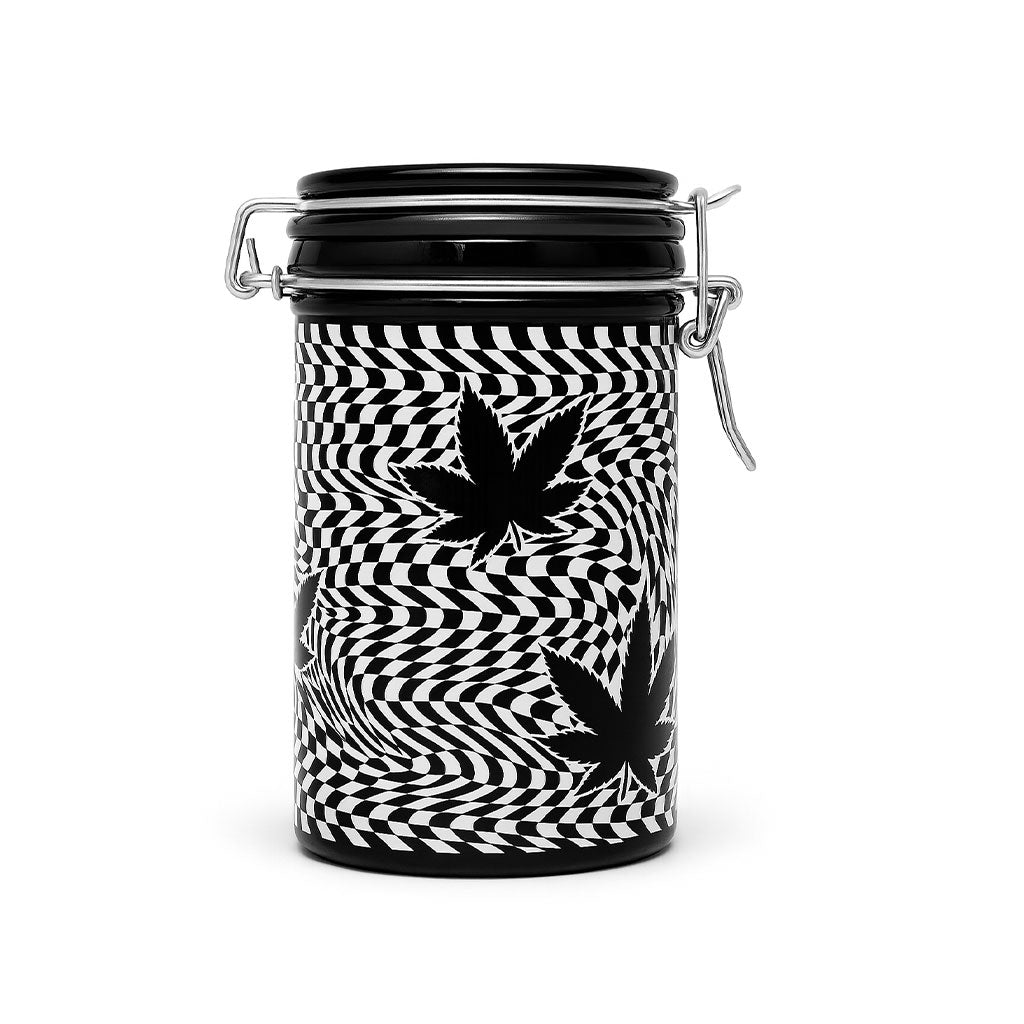 Upright View Of Tall Checkerboard Leaves 6-Inch Stash Jar With Secure Clamping Lid – Bold Ted Miller From Honeybee Herb.