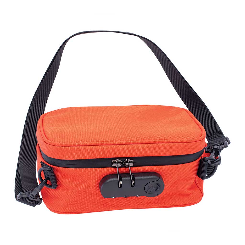  Front view of Tangerine Tango 8x4x3 smellproof bag with lock and strap – odor-proof stash pouch.