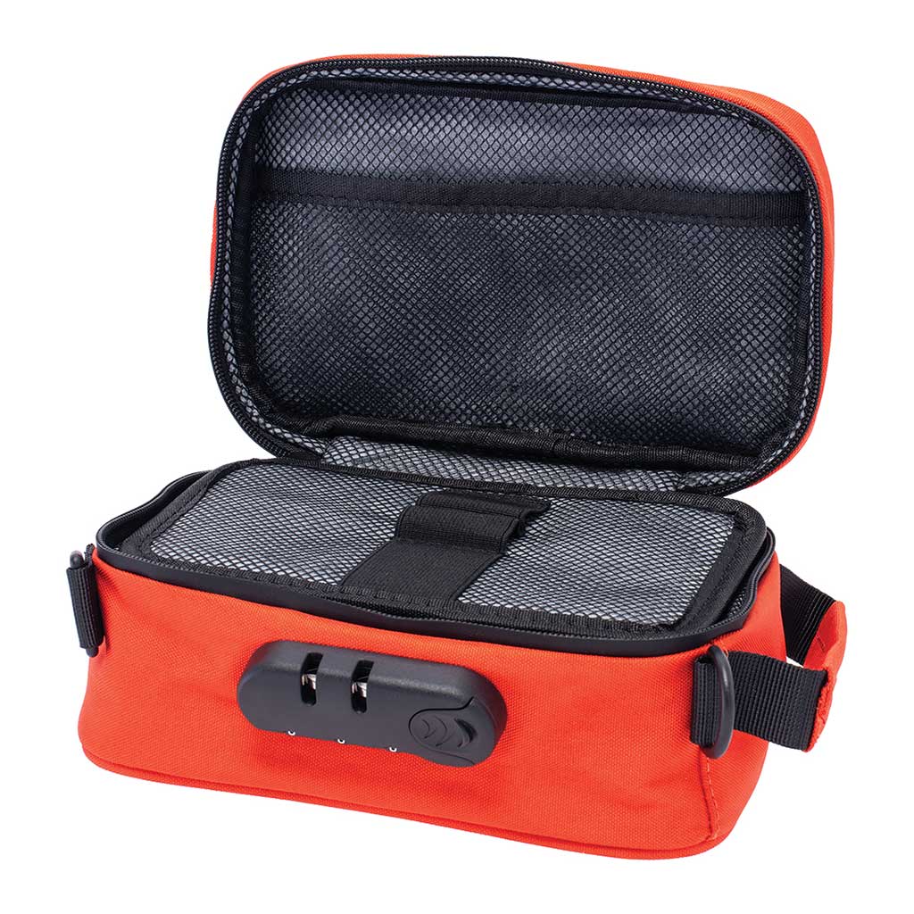 Open top interior of Tangerine Tango 8x4x3 smellproof bag – lockable odor-proof pouch for secure herb storage. 