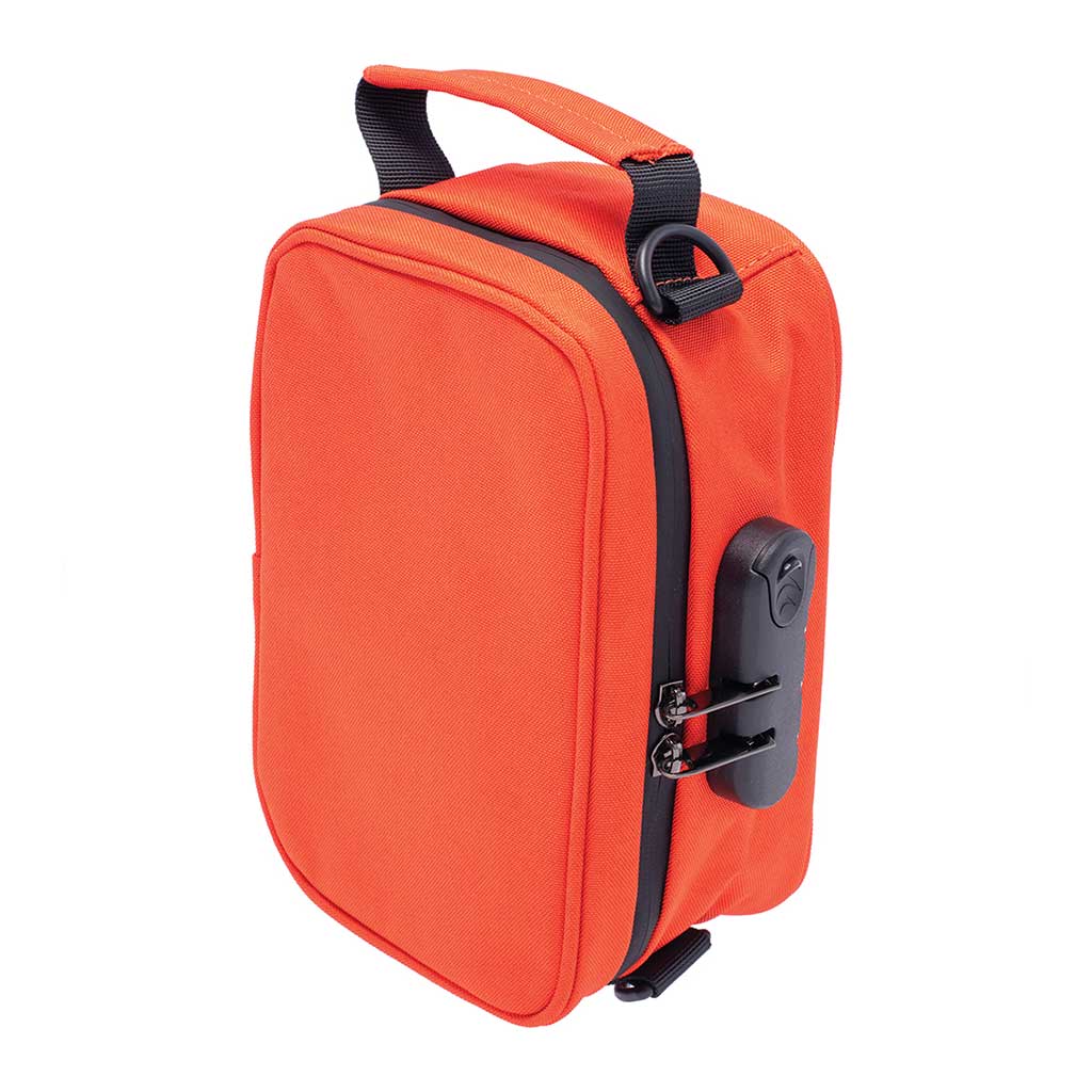 Side standing view of Tangerine Tango 8x4x3 smellproof bag – durable lockable pouch for discreet storage. 