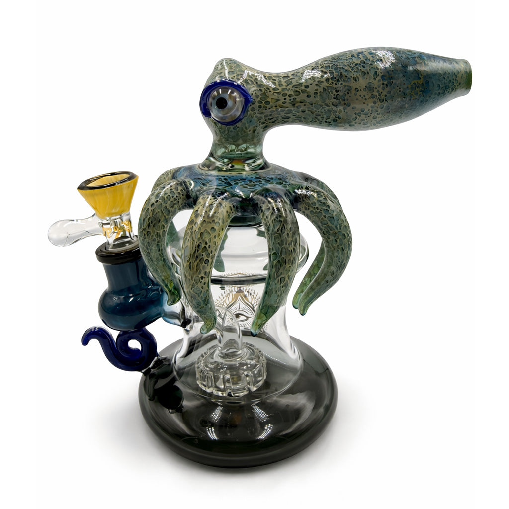 Front angle of TATAOO by Lookah sandblasted talisman glass rig in blue green with sculpted tentacles and bowl for smooth water filtered pulls 