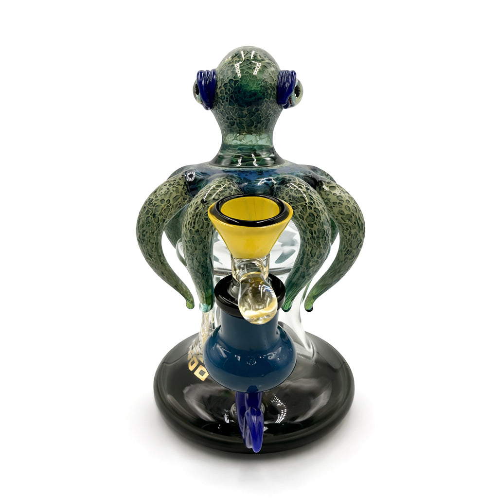 Head on view of Lookah TATAOO blue green sandblasted talisman glass rig showing the bowl and compact water pipe design for clean, smooth hits 
