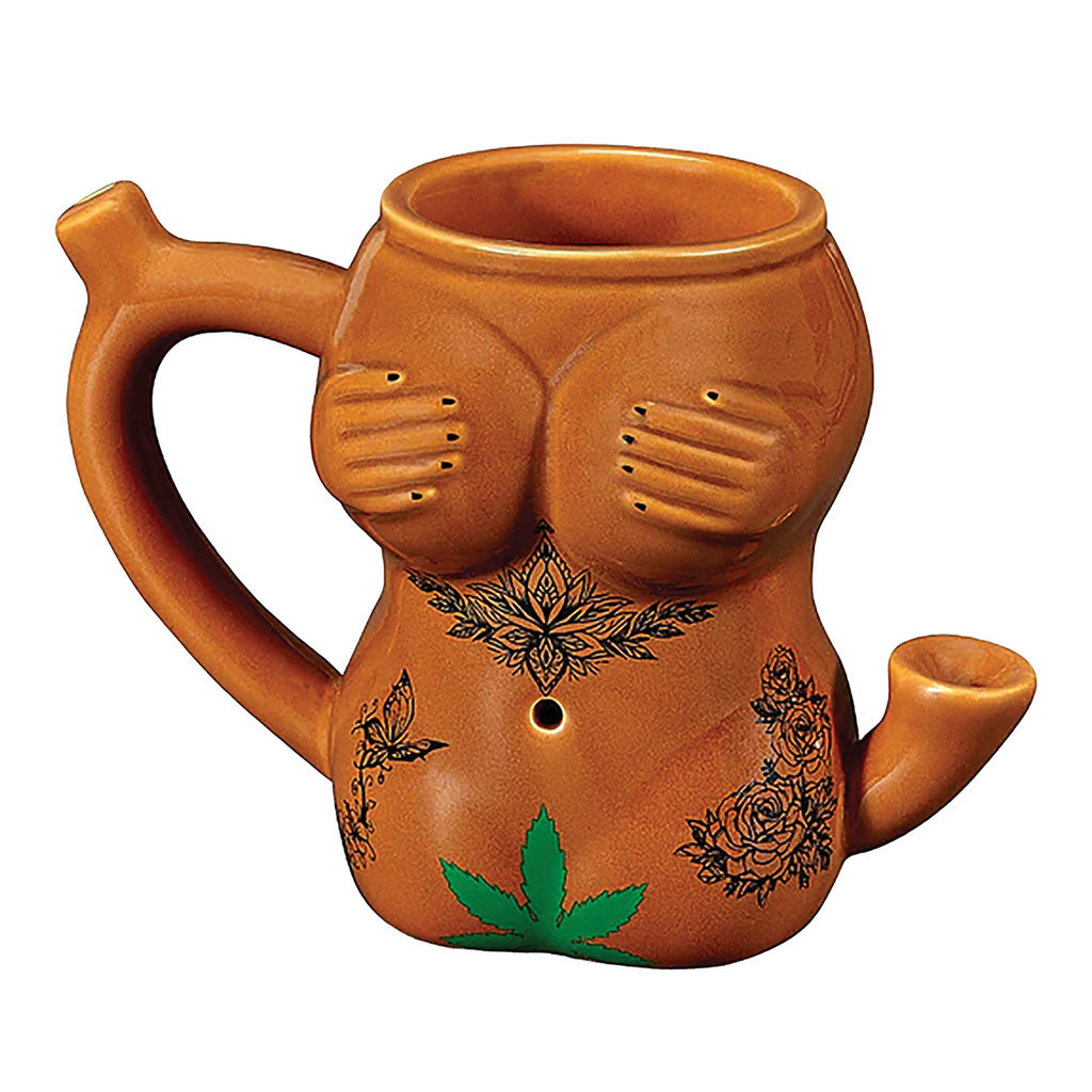 Tattoo Girl Premium Roast and Toast pipe mug with colorful tattoo art, ceramic mug body, curved handle, and built-in front bowl