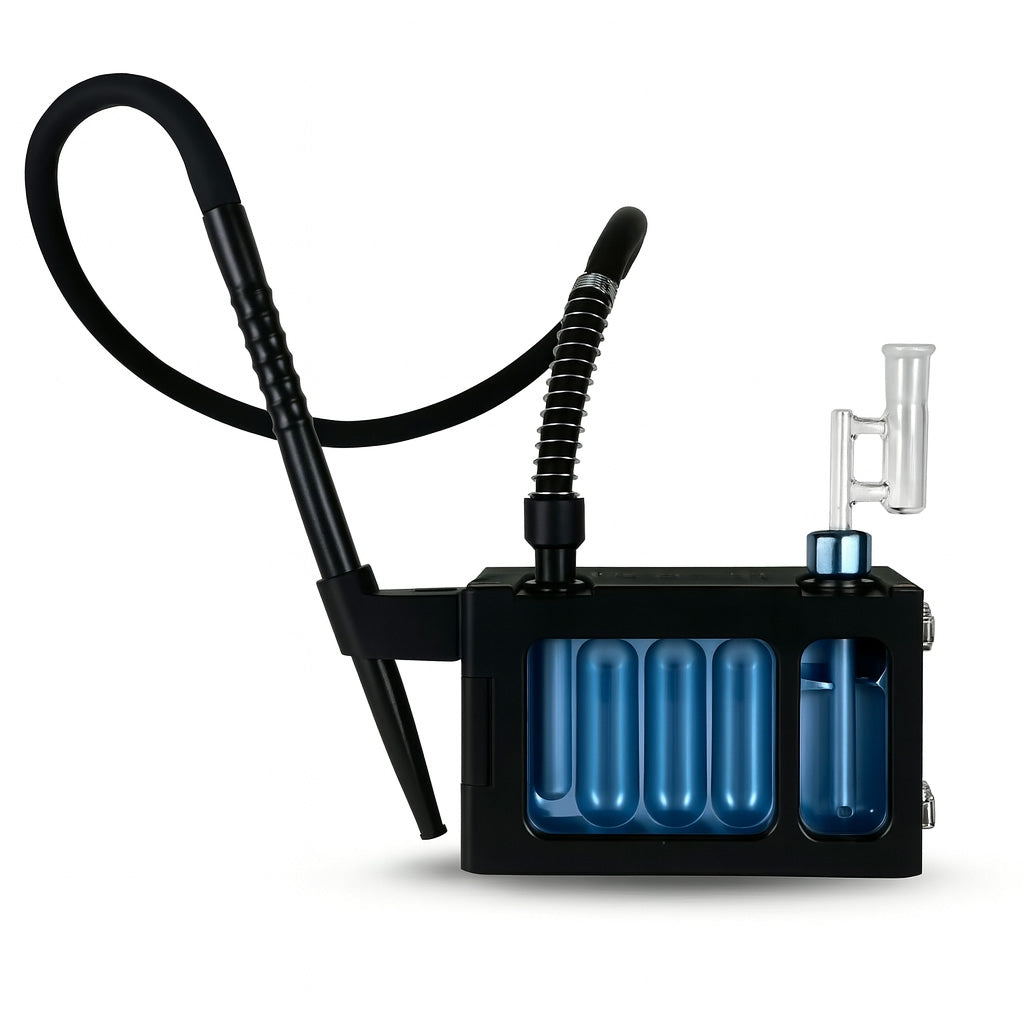 Side view of The Box by Lidavel black dab rig chiller with black hose attached, compact tabletop cooling system for dabs.  