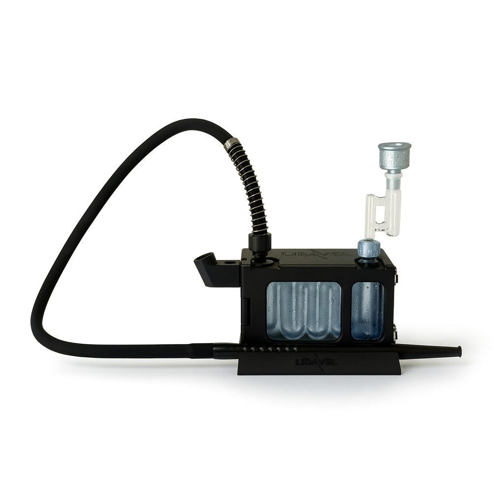 The Box by Lidavel black dab rig chiller fully assembled with flexible hose and glass adapter, ready to connect to your rig. 