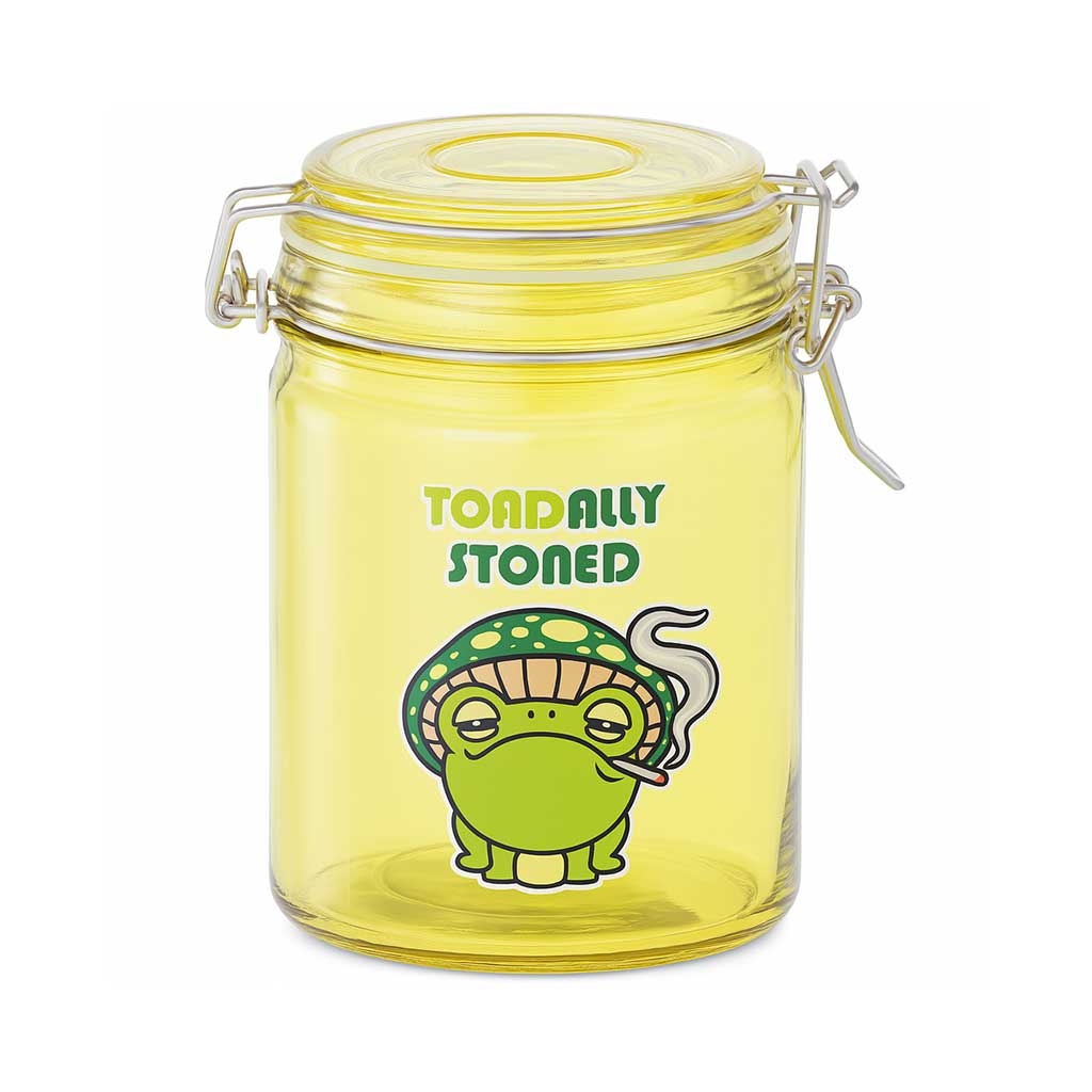 Buy Toadally Stoned 22oz airtight glass stash jar with clasp in yellow—fast shipping from Honeybee Herb